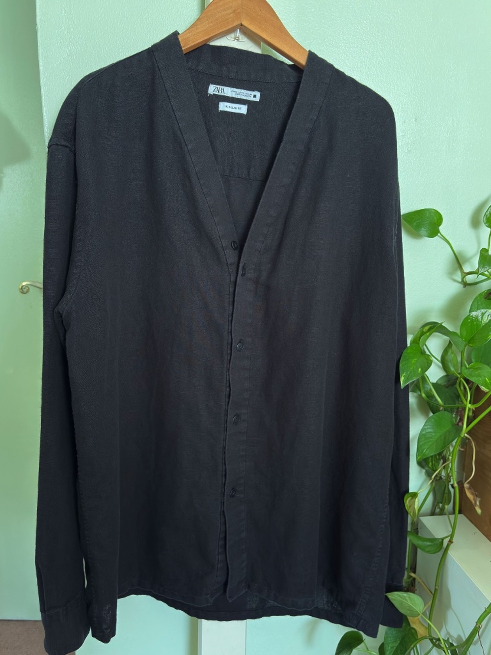 Zara Men’s Linen Cotton Shirt Black M Regular Fit Button Up Long Sleeve